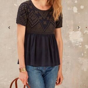 Sezane Raphael Embroidered Short Sleeve Navy Blue Peplum Top size 36 size 4